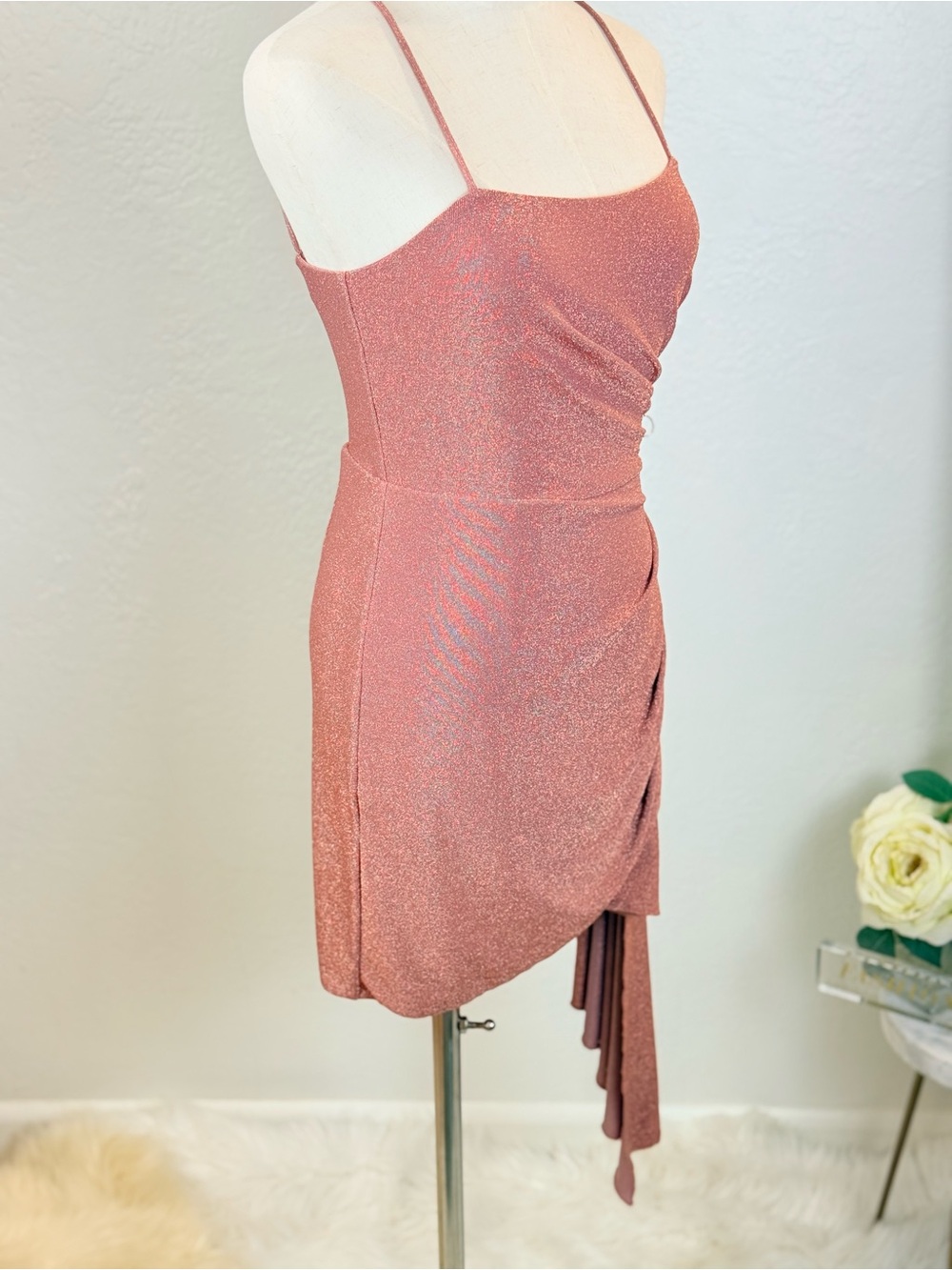 Saylor Jaine Peach Metallic Lurex Mini Dress Quiet Luxury Coastal Cocktail M View 5
